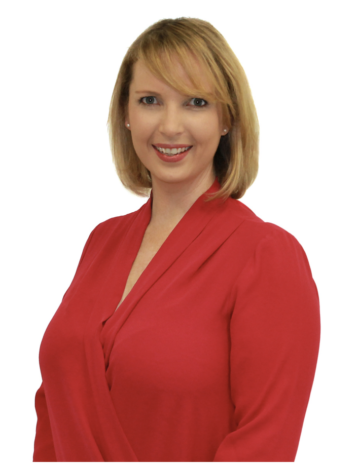 Woman with blonde hair and red blouse